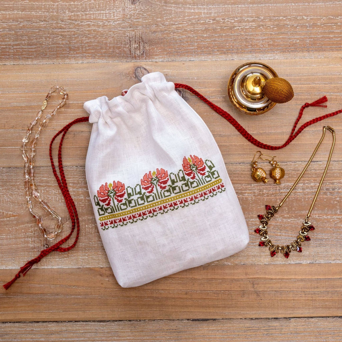 Crimson Peony Drawstring Pouch - Folk Embroidery Kit