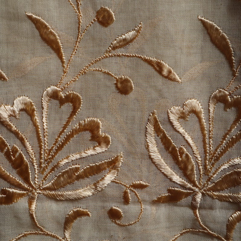 Antique Belgian Linen Curtain - Embroidered Floral Design