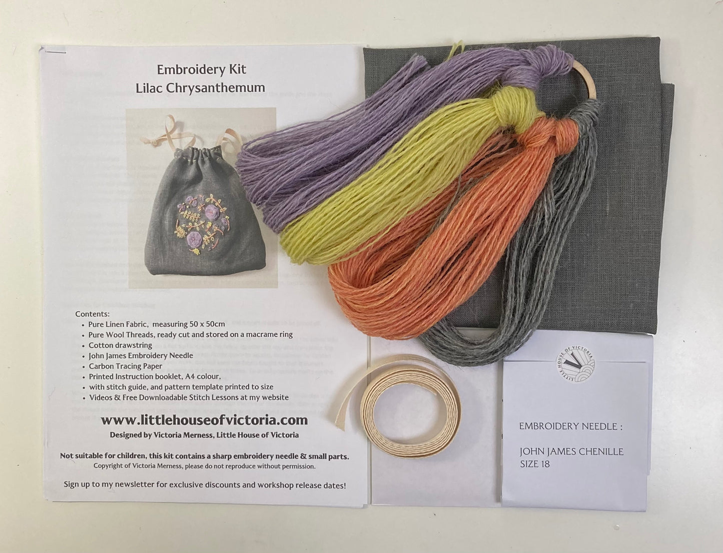 Lilac Chrysanthemum - Embroidery Drawstring Bag Kit