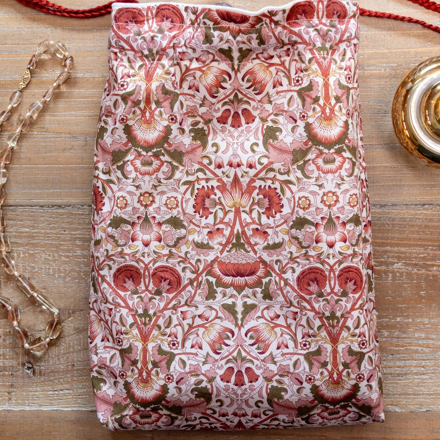 Crimson Peony Drawstring Pouch - Folk Embroidery Kit