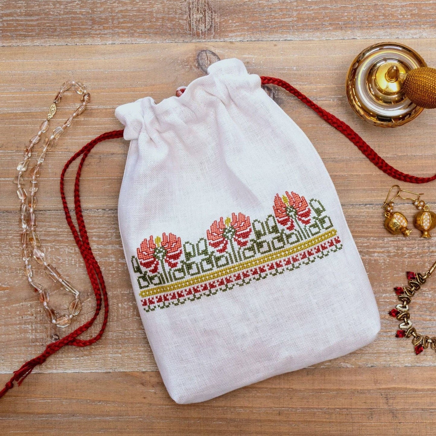Crimson Peony Drawstring Pouch - Folk Embroidery Kit