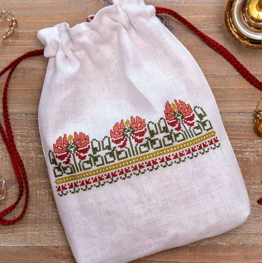 Crimson Peony Drawstring Pouch - Folk Embroidery Kit