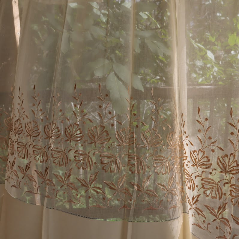 Antique Belgian Linen Curtain - Embroidered Floral Design