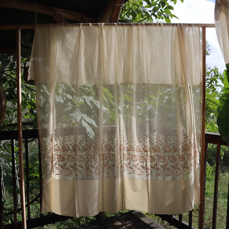 Antique Belgian Linen Curtain - Embroidered Floral Design