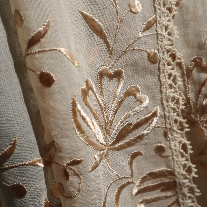Antique Belgian Linen Curtain - Embroidered Floral Design