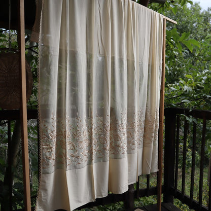 Antique Belgian Linen Curtain - Embroidered Floral Design