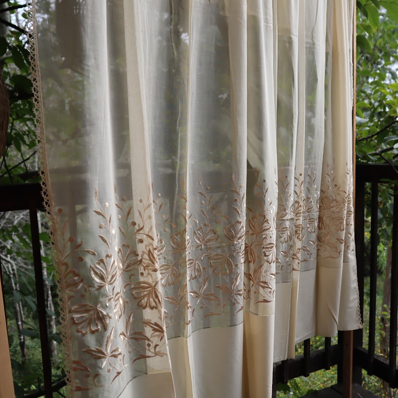 Antique Belgian Linen Curtain - Embroidered Floral Design