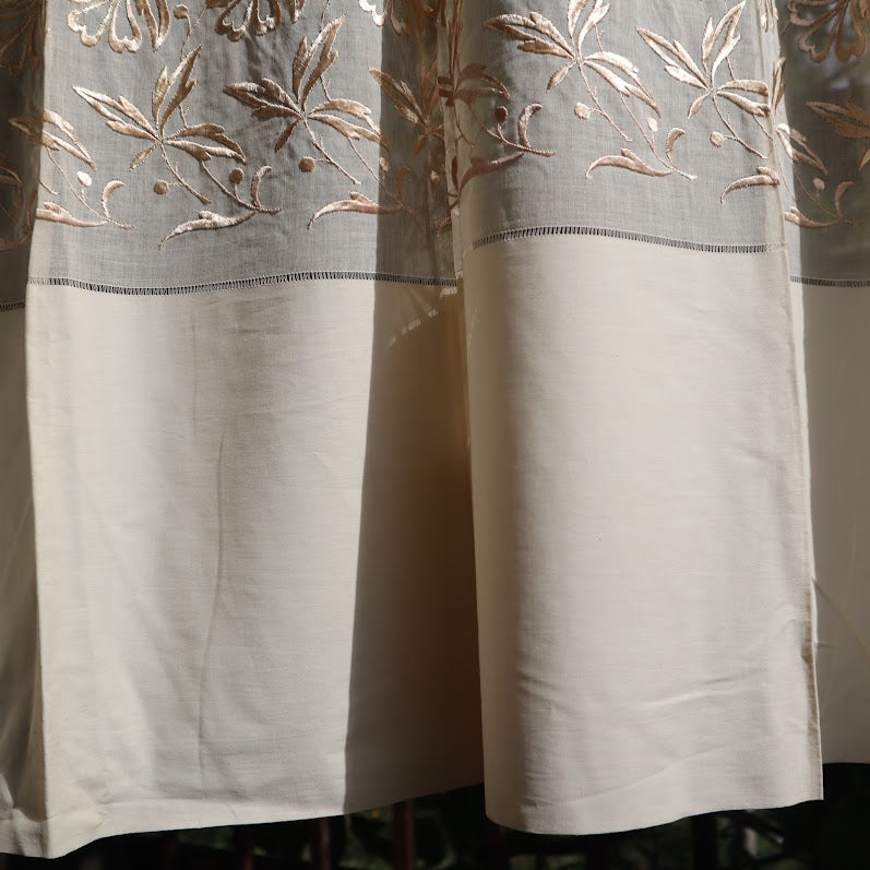 Antique Belgian Linen Curtain - Embroidered Floral Design