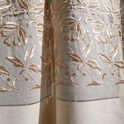 Antique Belgian Linen Curtain - Embroidered Floral Design