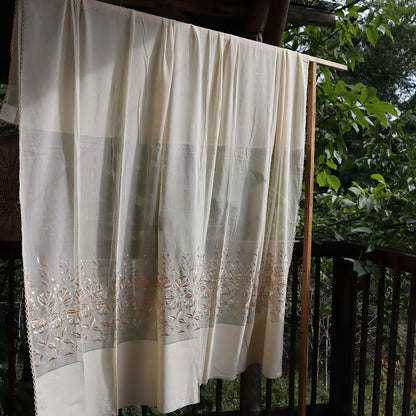 Antique Belgian Linen Curtain - Embroidered Floral Design