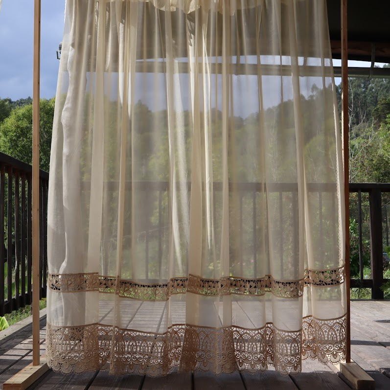 Antique Belgian Linen Curtain - Bruges Guipure Lace Border