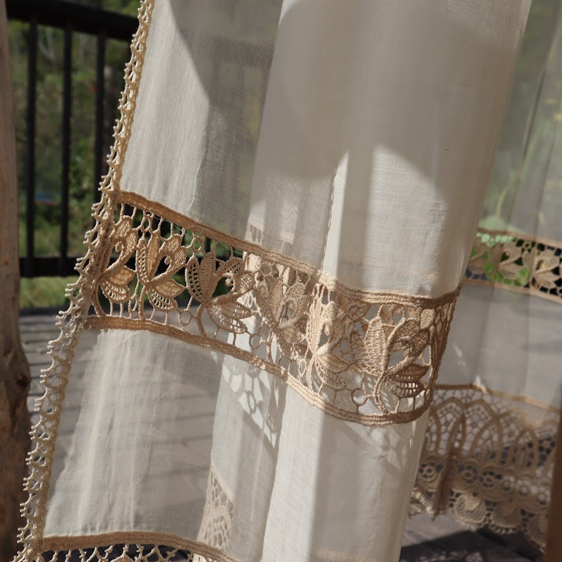 Antique Belgian Linen Curtain - Bruges Guipure Lace Border