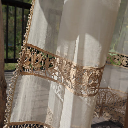 Antique Belgian Linen Curtain - Bruges Guipure Lace Border