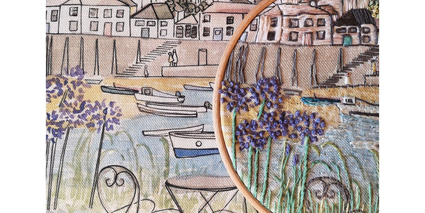 "Mousehole Harbor" Embroidery Panel